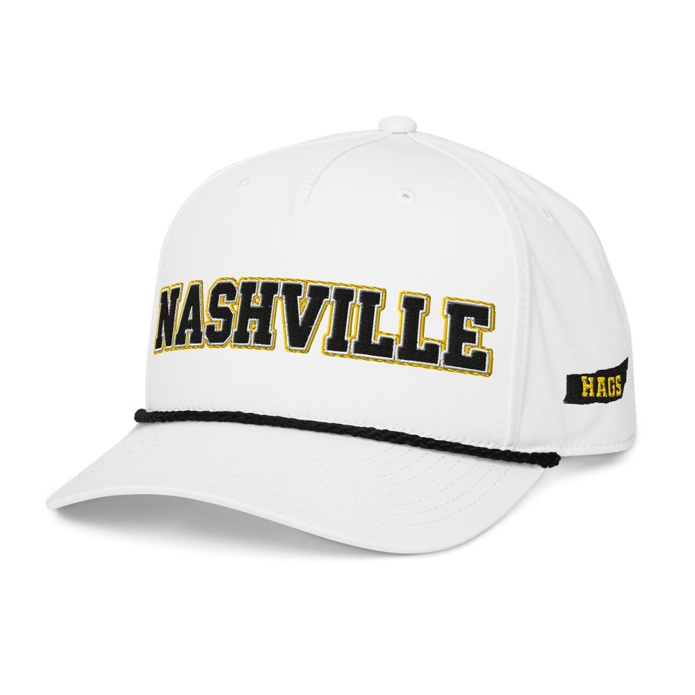 Angled front view of white HAGS Nashville Tennessee rope hat, showing black and gold NASHVILLE lettering and contrasting rope.