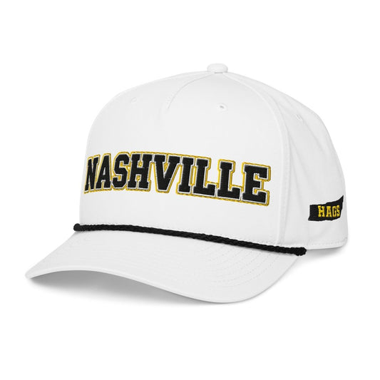 Angled front view of white HAGS Nashville Tennessee rope hat, showing black and gold NASHVILLE lettering and contrasting rope.