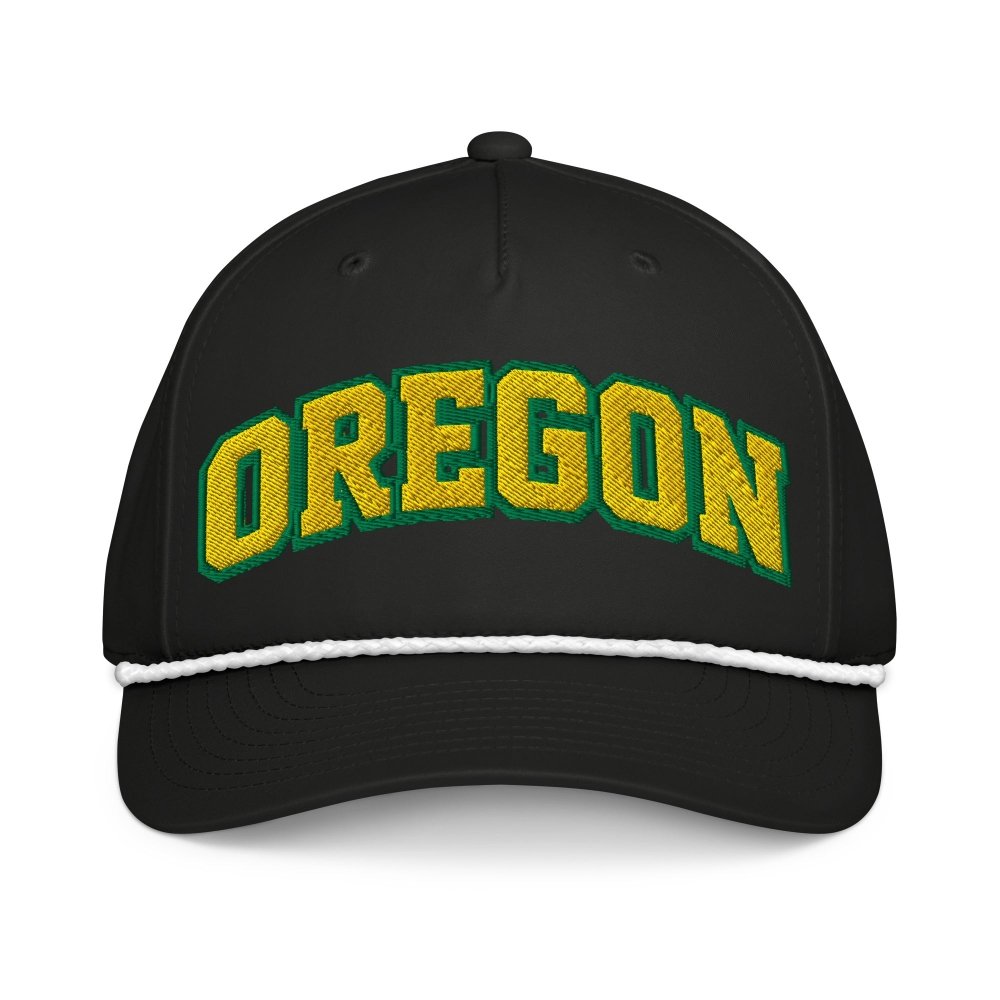 Front view of black HAGS Oregon rope hat, showing green and yellow OREGON lettering.