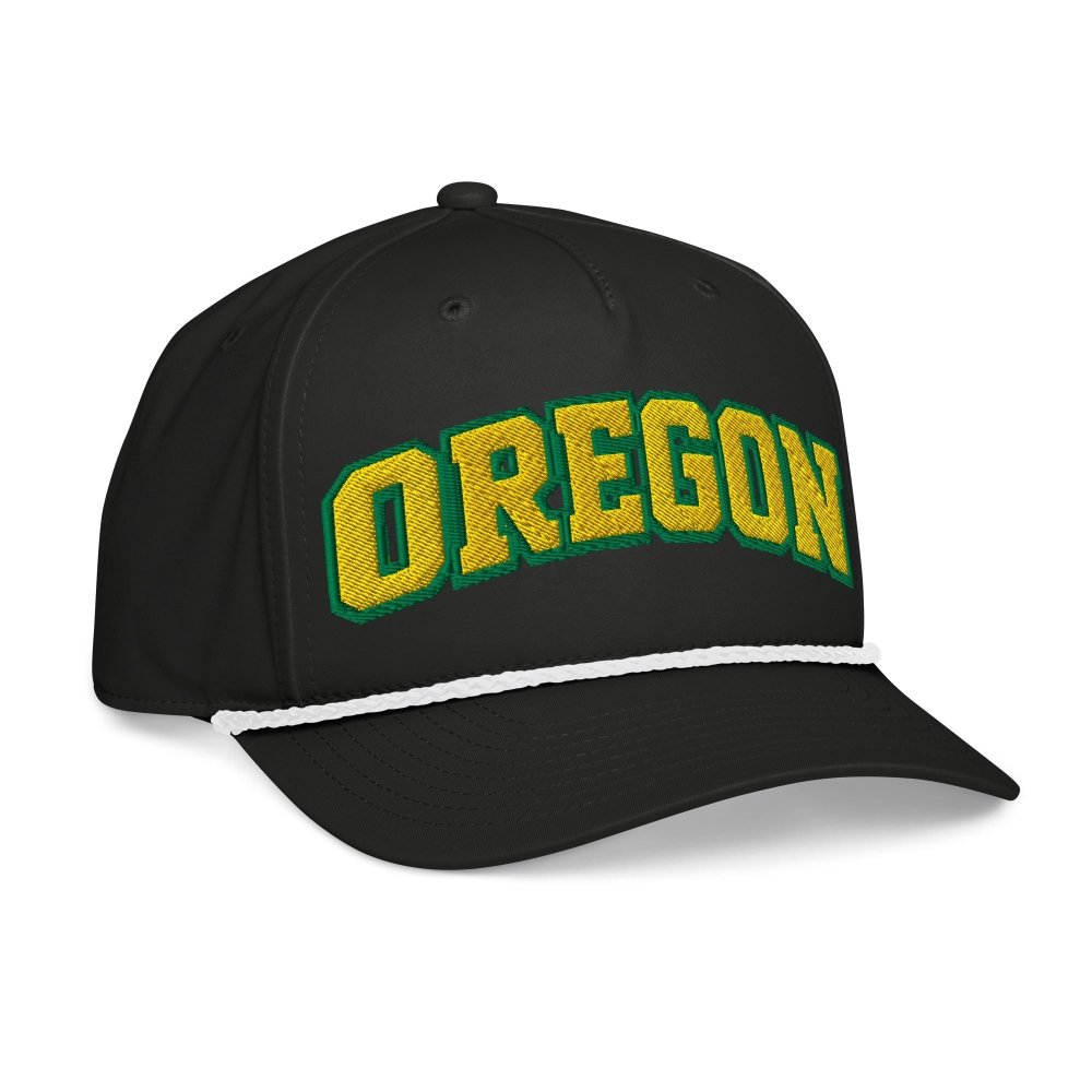 Opposite angled front view of black HAGS Oregon rope hat, showing green and yellow OREGON lettering.