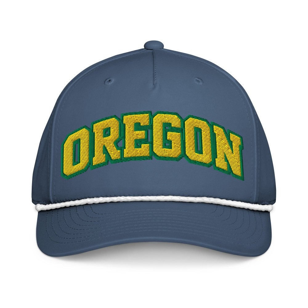 Front view of navy HAGS Oregon rope hat, showing green and yellow OREGON lettering.