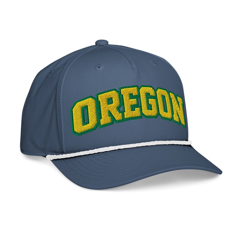 Opposite angled front view of navy HAGS Oregon rope hat, showing green and yellow OREGON lettering.
