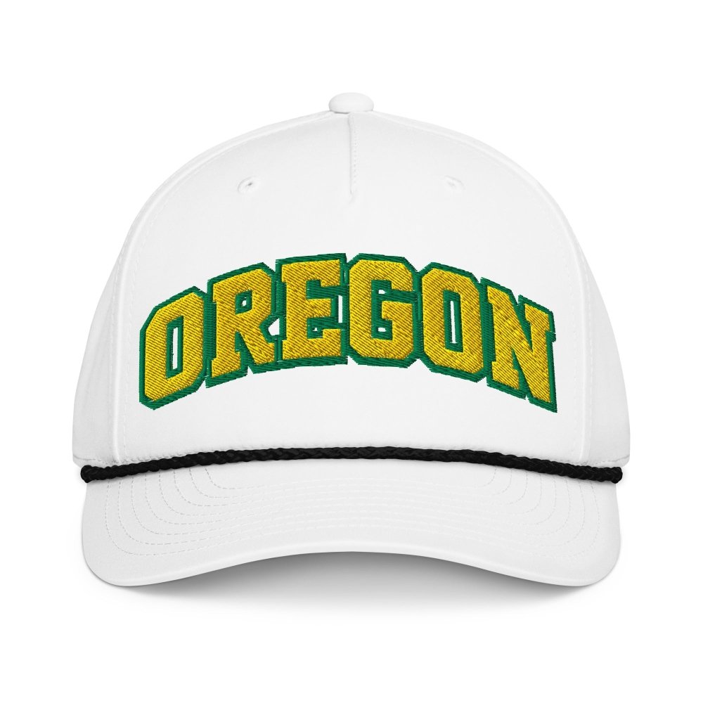 Front view of white HAGS Oregon rope hat, showing green and yellow OREGON lettering.