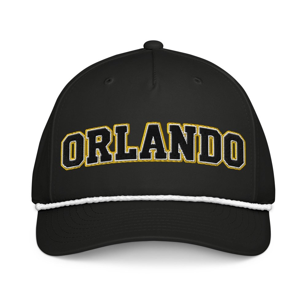 Front view of black HAGS Orlando Florida rope hat, showing black and gold ORLANDO lettering and contrasting rope.