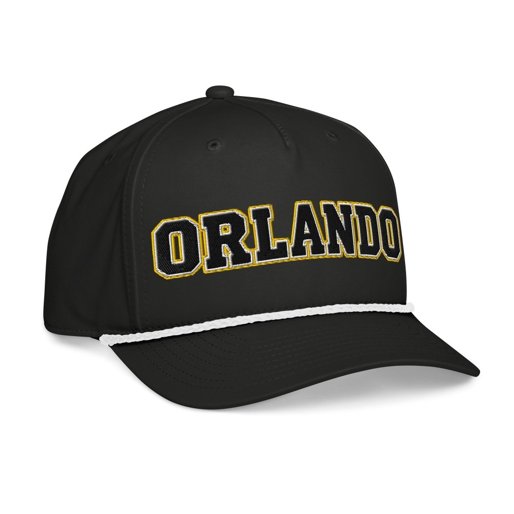 Opposite angled front view of black HAGS Orlando Florida rope hat, showing black and gold ORLANDO lettering and contrasting rope.