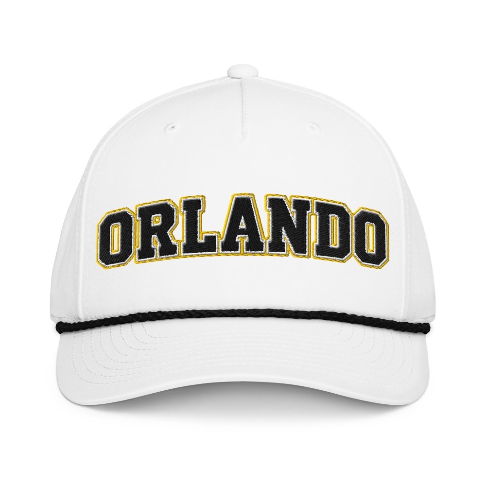 Front view of white HAGS Orlando Florida rope hat, showing black and gold ORLANDO lettering and contrasting rope.