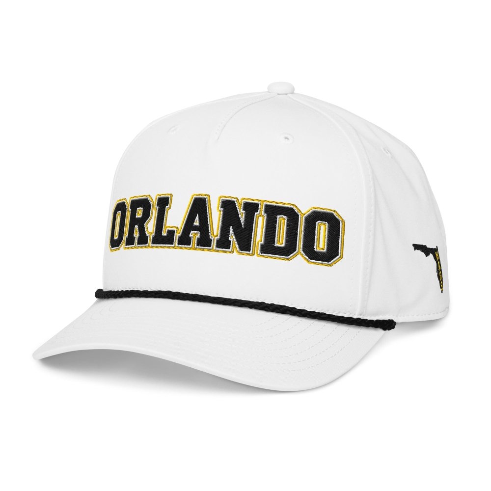 Angled front view of white HAGS Orlando Florida rope hat, showing black and gold ORLANDO lettering and contrasting rope.