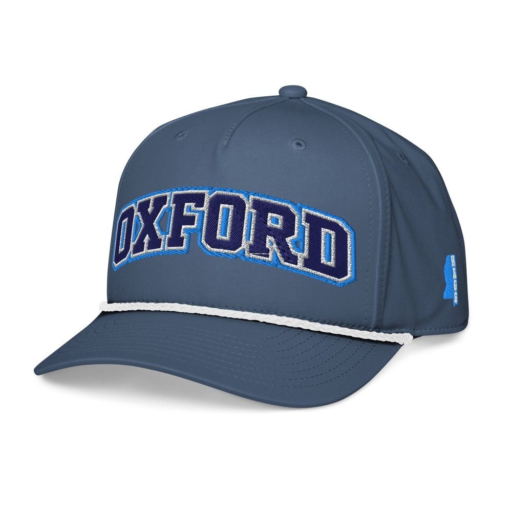 Angled front view of navy HAGS Oxford Mississippi rope hat, showing blue OXFORD lettering.