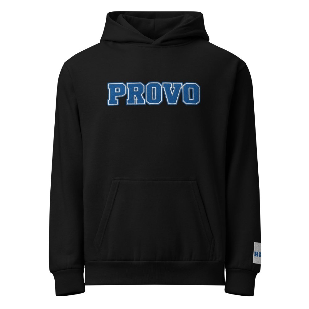 Front view of black HAGS Provo Utah embroidered hoodie, showing blue PROVO chest lettering.