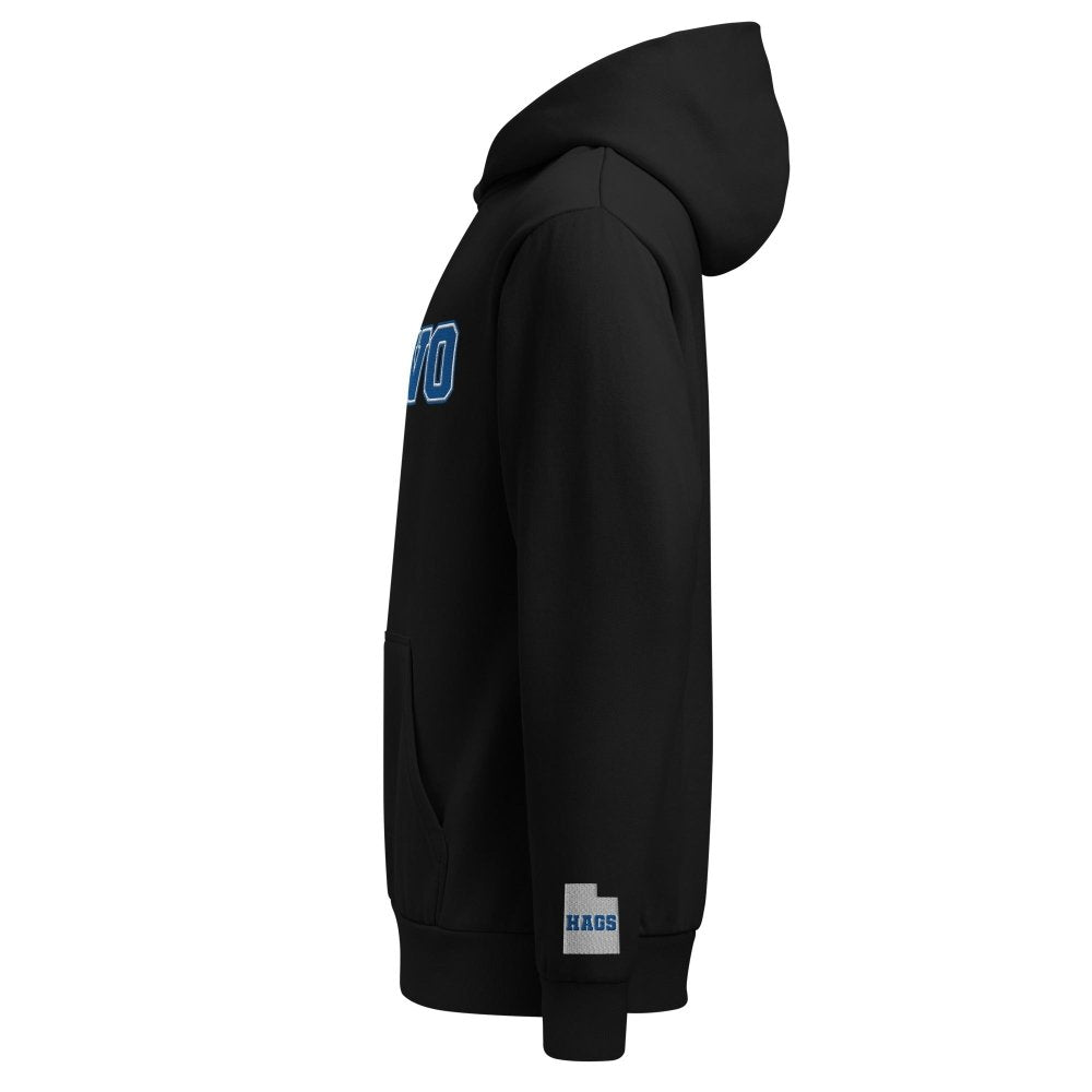 Left-side view of black HAGS Provo Utah embroidered hoodie.