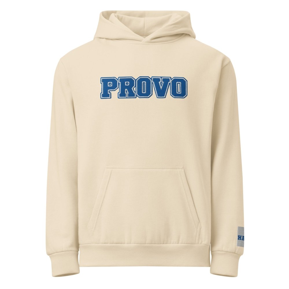 Front view of ivory HAGS Provo Utah embroidered hoodie, showing blue PROVO chest lettering.