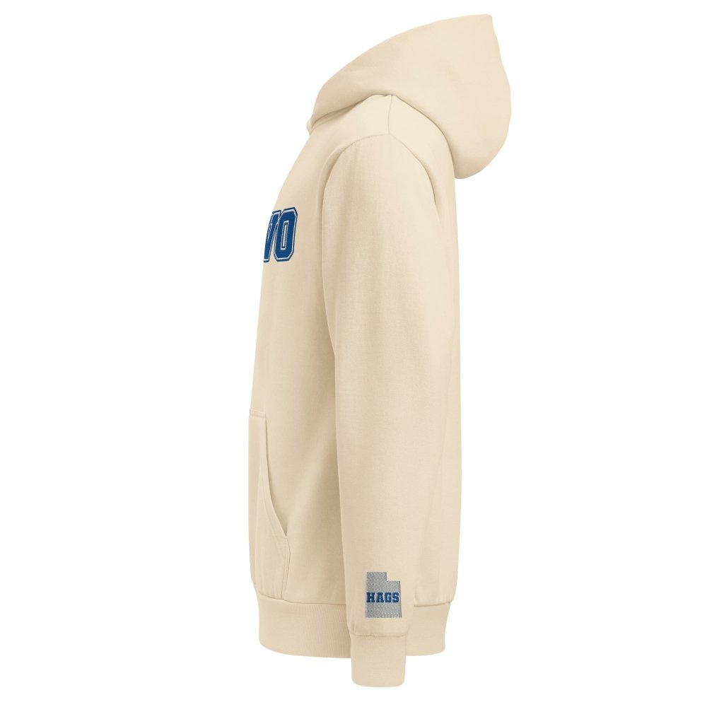 Left-side view of ivory HAGS Provo Utah embroidered hoodie.