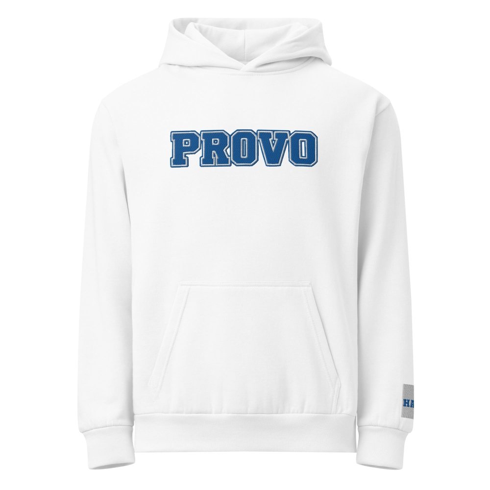Front view of white HAGS Provo Utah embroidered hoodie, showing blue PROVO chest lettering.