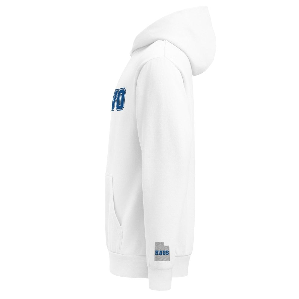 Left-side view of white HAGS Provo Utah embroidered hoodie.