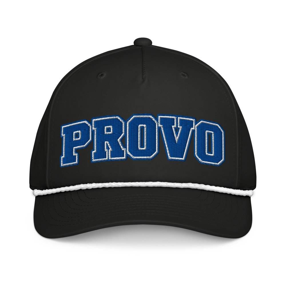 Front view of black HAGS Provo Utah rope hat, showing blue PROVO lettering and contrasting rope.