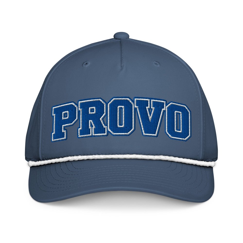 Front view of navy HAGS Provo Utah rope hat, showing blue PROVO lettering and contrasting rope.