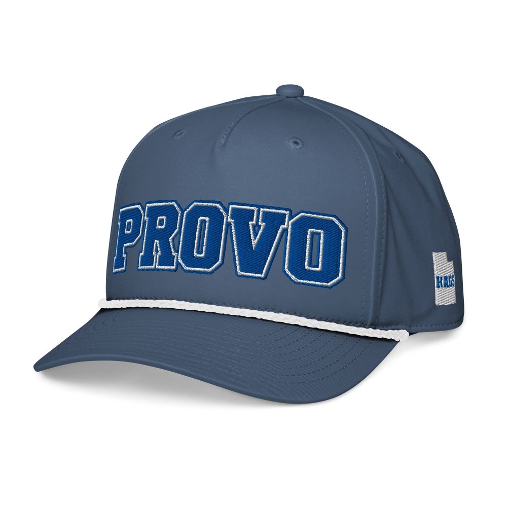 Angled front view of navy HAGS Provo Utah rope hat, showing blue PROVO lettering and contrasting rope.