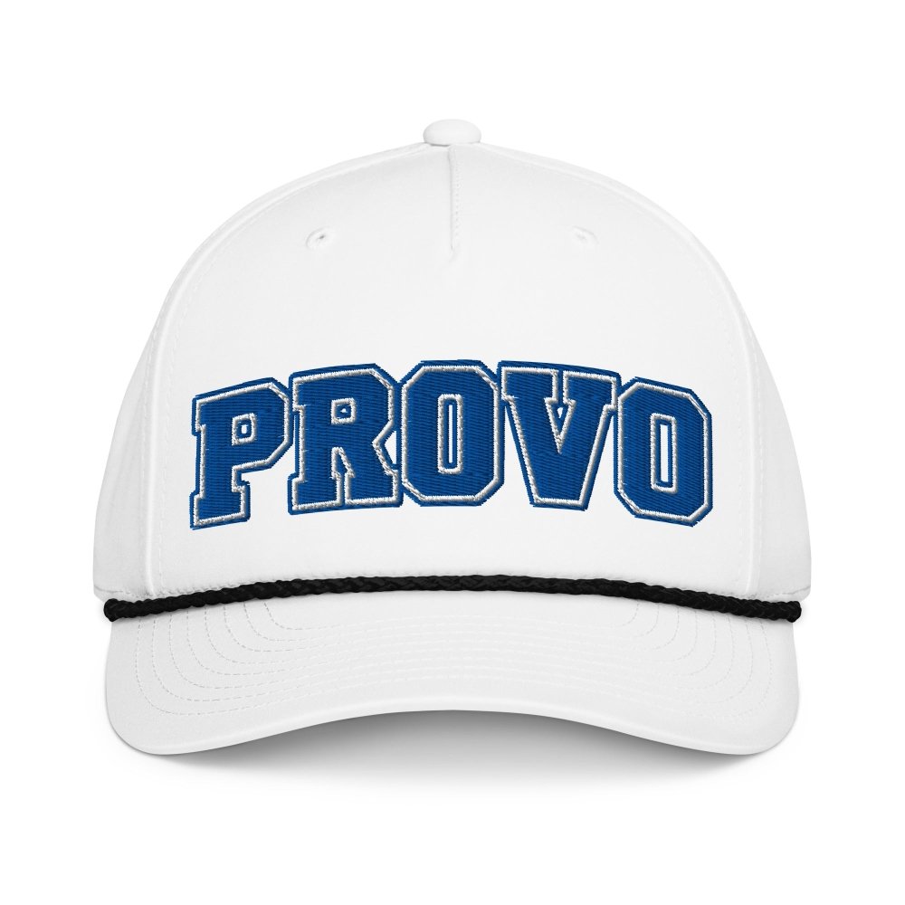 Front view of white HAGS Provo Utah rope hat, showing blue PROVO lettering and contrasting rope.