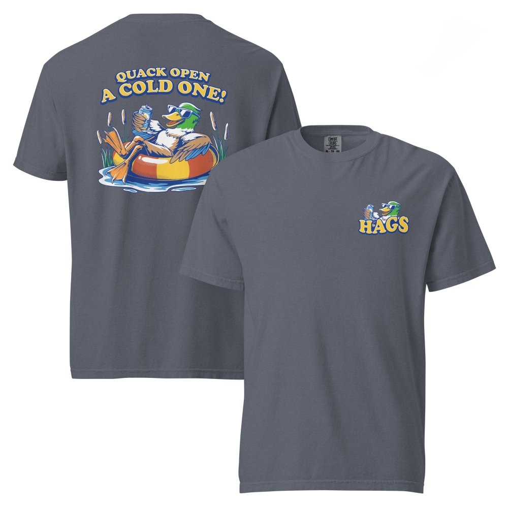 Front and back views of dark denim HAGS Quack Open a Cold One duck T-shirt, showing small HAGS chest graphic and a duck in a tube and Quack Open a Cold One lettering.