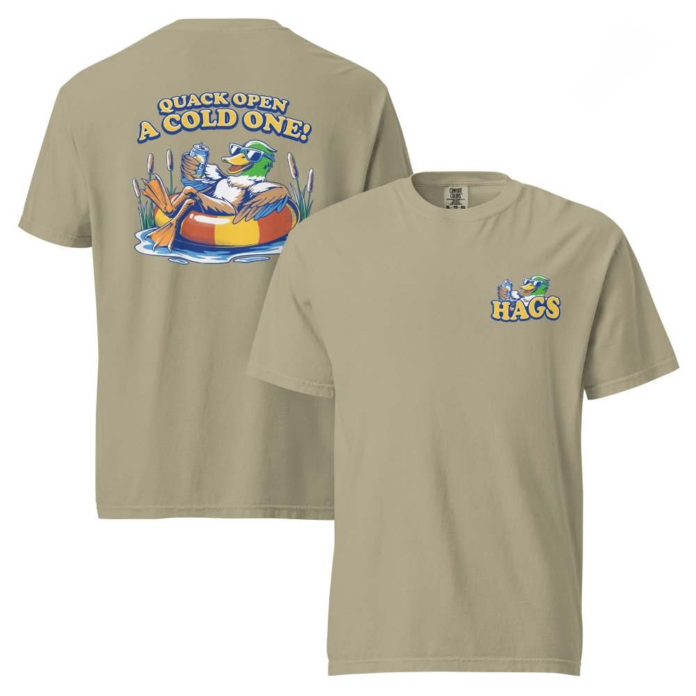 Front and back views of olive HAGS Quack Open a Cold One duck T-shirt, showing small HAGS chest graphic and a duck in a tube and Quack Open a Cold One lettering.