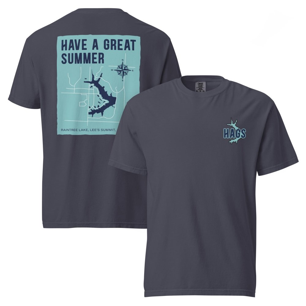 Front and back views of dark denim HAGS Raintree Lake Missouri T-shirt, showing small HAGS chest graphic and Raintree Lake map and Have a Great Summer lettering.