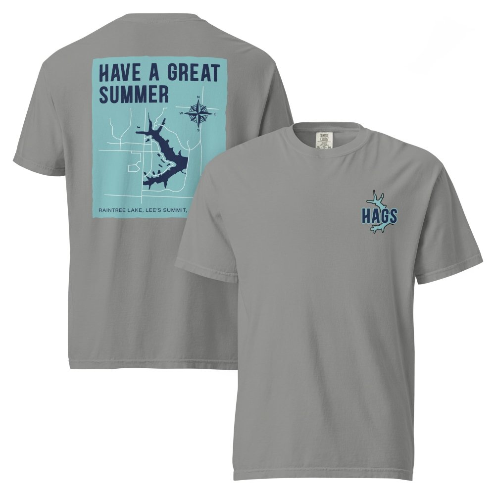 Front and back views of gray HAGS Raintree Lake Missouri T-shirt, showing small HAGS chest graphic and Raintree Lake map and Have a Great Summer lettering.