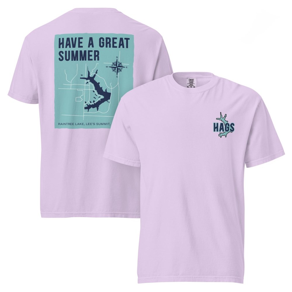 Front and back views of lavender HAGS Raintree Lake Missouri T-shirt, showing small HAGS chest graphic and Raintree Lake map and Have a Great Summer lettering.