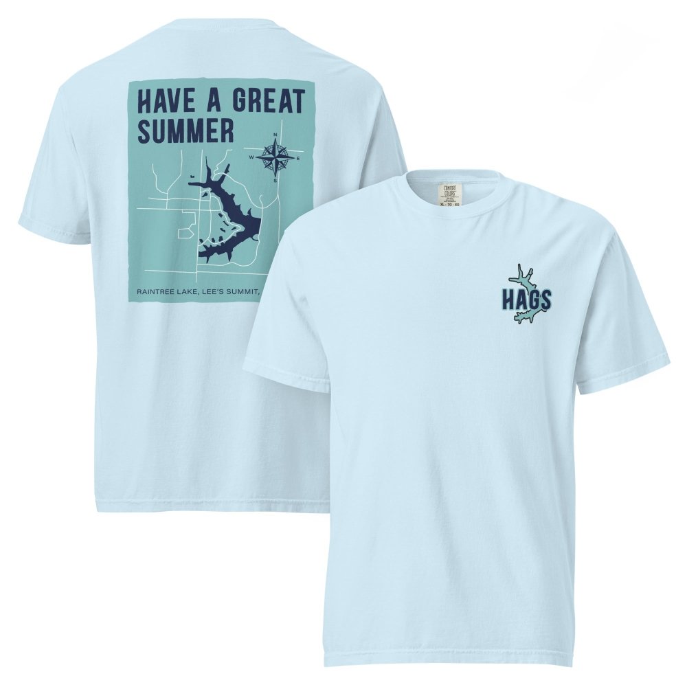 Front and back views of light blue HAGS Raintree Lake Missouri T-shirt, showing small HAGS chest graphic and Raintree Lake map and Have a Great Summer lettering.