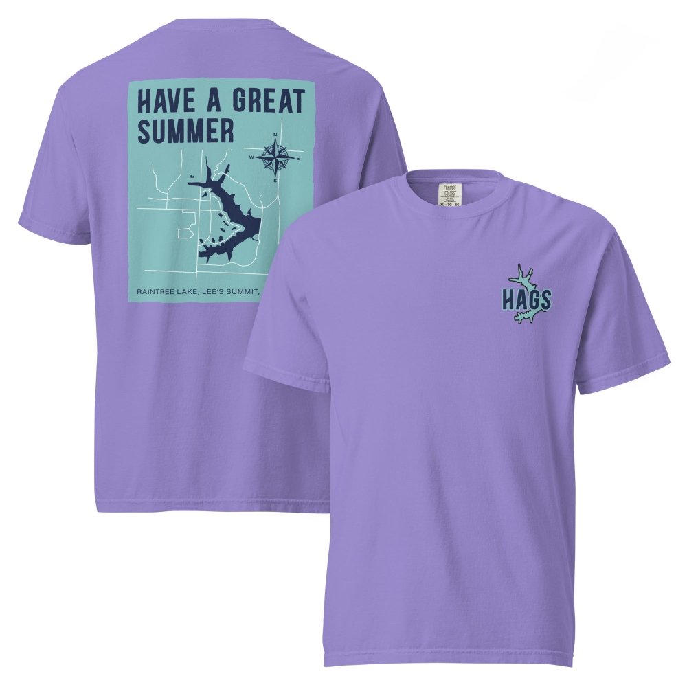 Front and back views of purple HAGS Raintree Lake Missouri T-shirt, showing small HAGS chest graphic and Raintree Lake map and Have a Great Summer lettering.