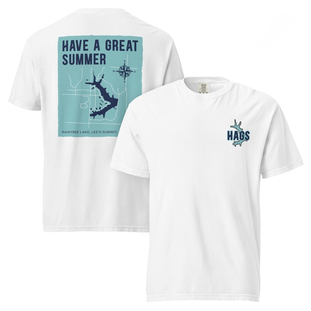 Front and back views of white HAGS Raintree Lake Missouri T-shirt, showing small HAGS chest graphic and Raintree Lake map and Have a Great Summer lettering.