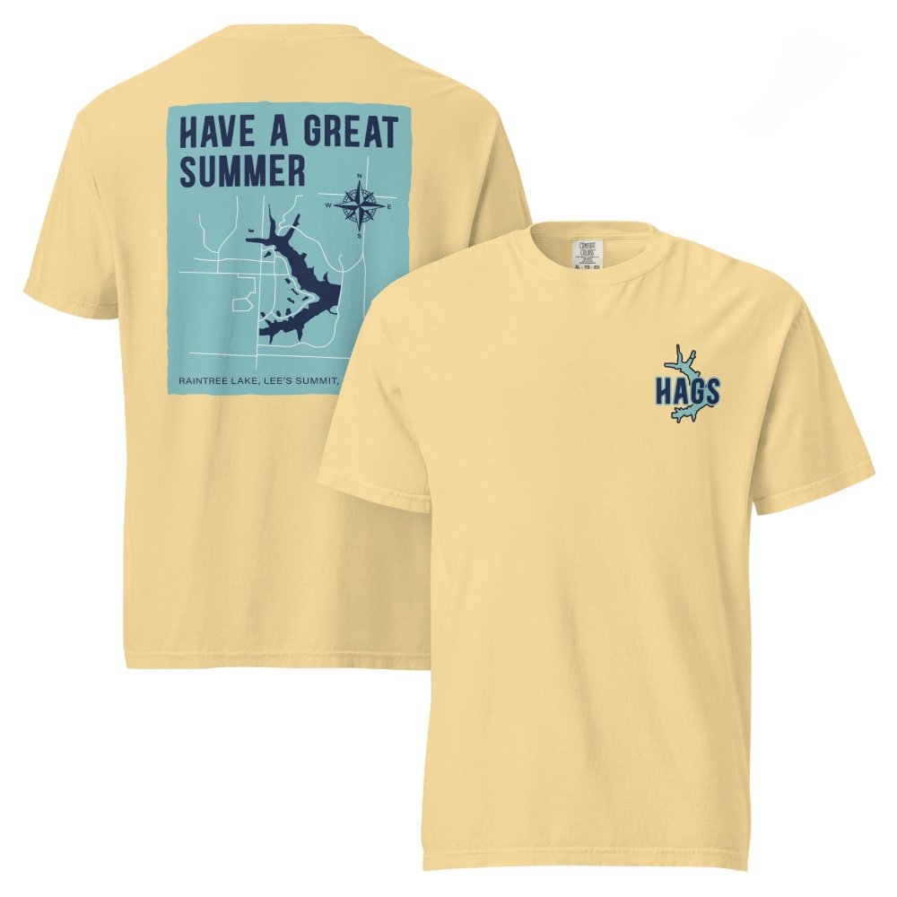 Front and back views of yellow HAGS Raintree Lake Missouri T-shirt, showing small HAGS chest graphic and Raintree Lake map and Have a Great Summer lettering.