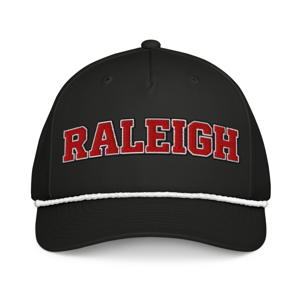Front view of black HAGS Raleigh North Carolina rope hat, showing red RALEIGH lettering.
