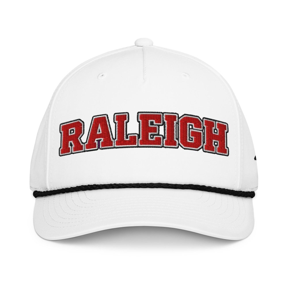 Front view of white HAGS Raleigh North Carolina rope hat, showing red RALEIGH lettering.