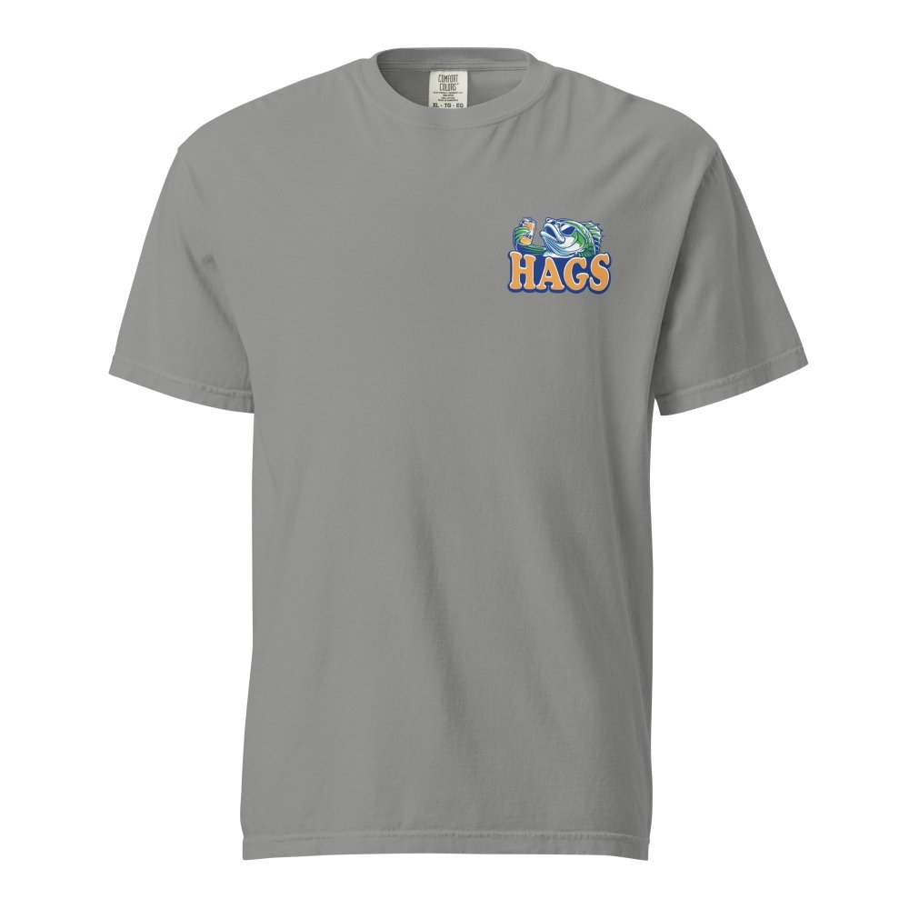 Front view of gray HAGS Reel Thirsty fishing T-shirt, showing small HAGS chest graphic.