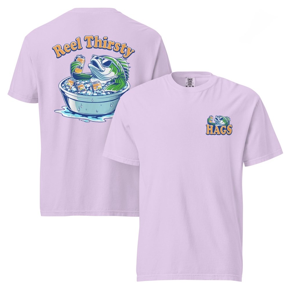 Front and back views of lavender HAGS Reel Thirsty fishing T-shirt, showing small HAGS chest graphic and Reel Thirsty lettering and a fish in an ice bucket.