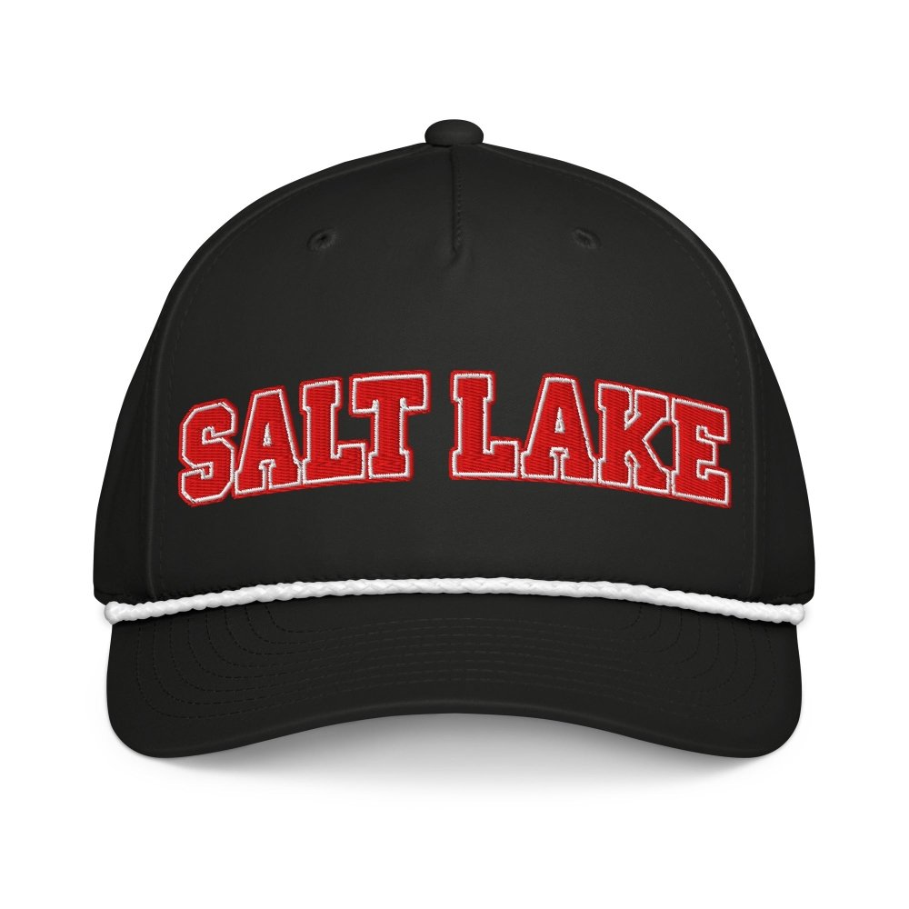 Front view of black HAGS Salt Lake City Utah rope hat, showing red SALT LAKE lettering and contrasting rope.