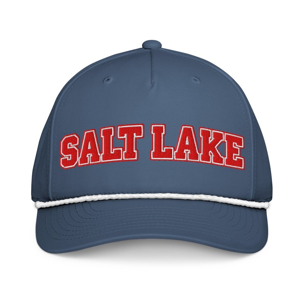 Front view of navy HAGS Salt Lake City Utah rope hat, showing red SALT LAKE lettering and contrasting rope.