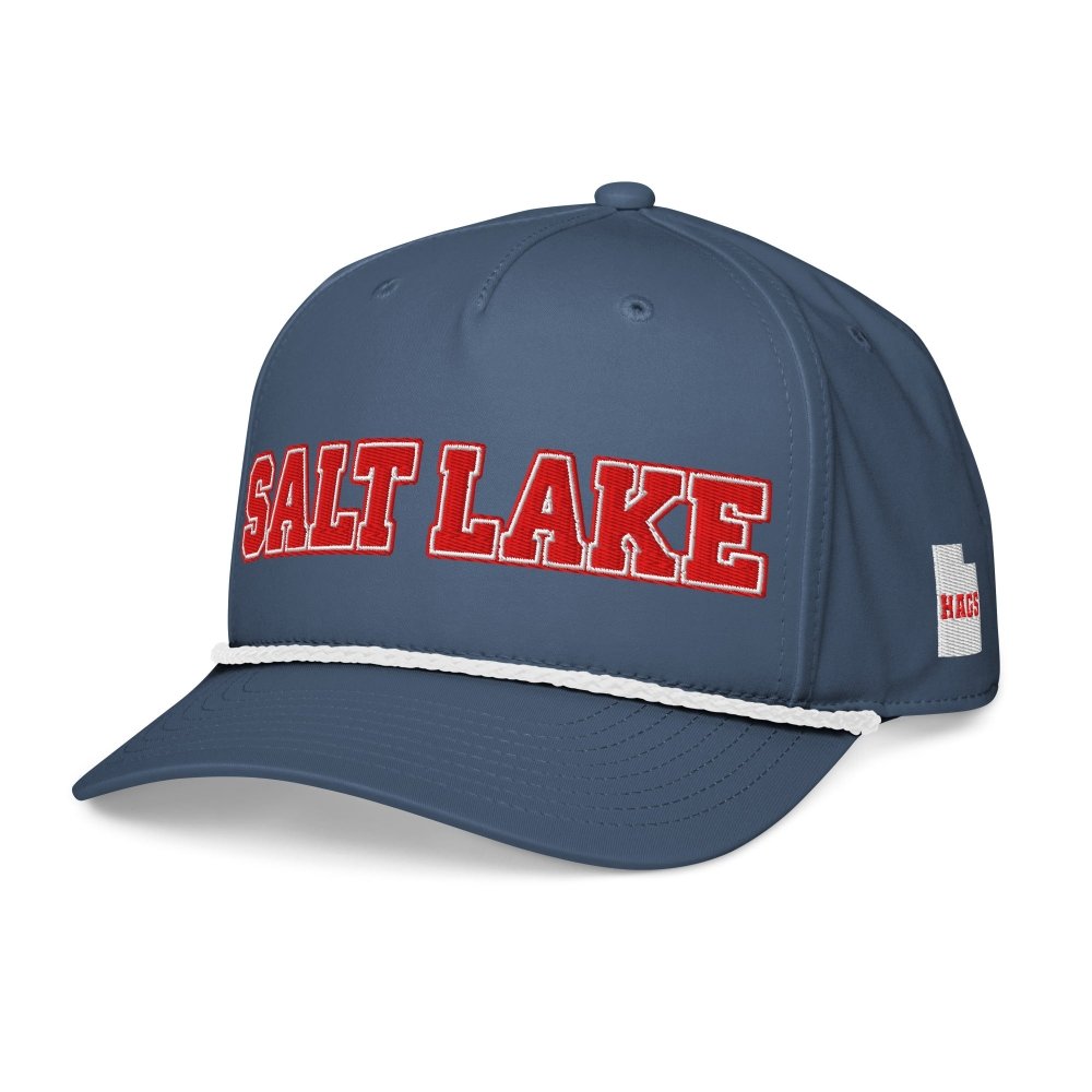 Angled front view of navy HAGS Salt Lake City Utah rope hat, showing red SALT LAKE lettering and contrasting rope.