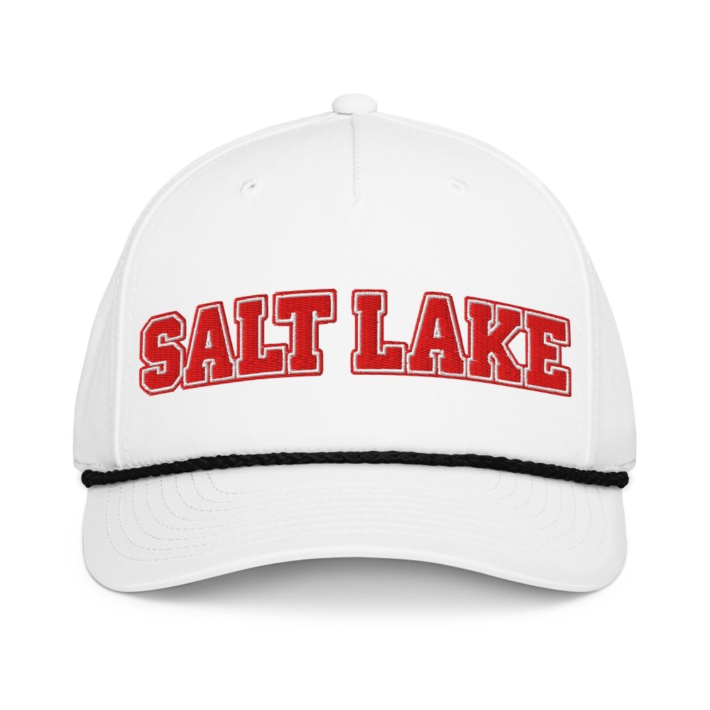 Front view of white HAGS Salt Lake City Utah rope hat, showing red SALT LAKE lettering and contrasting rope.
