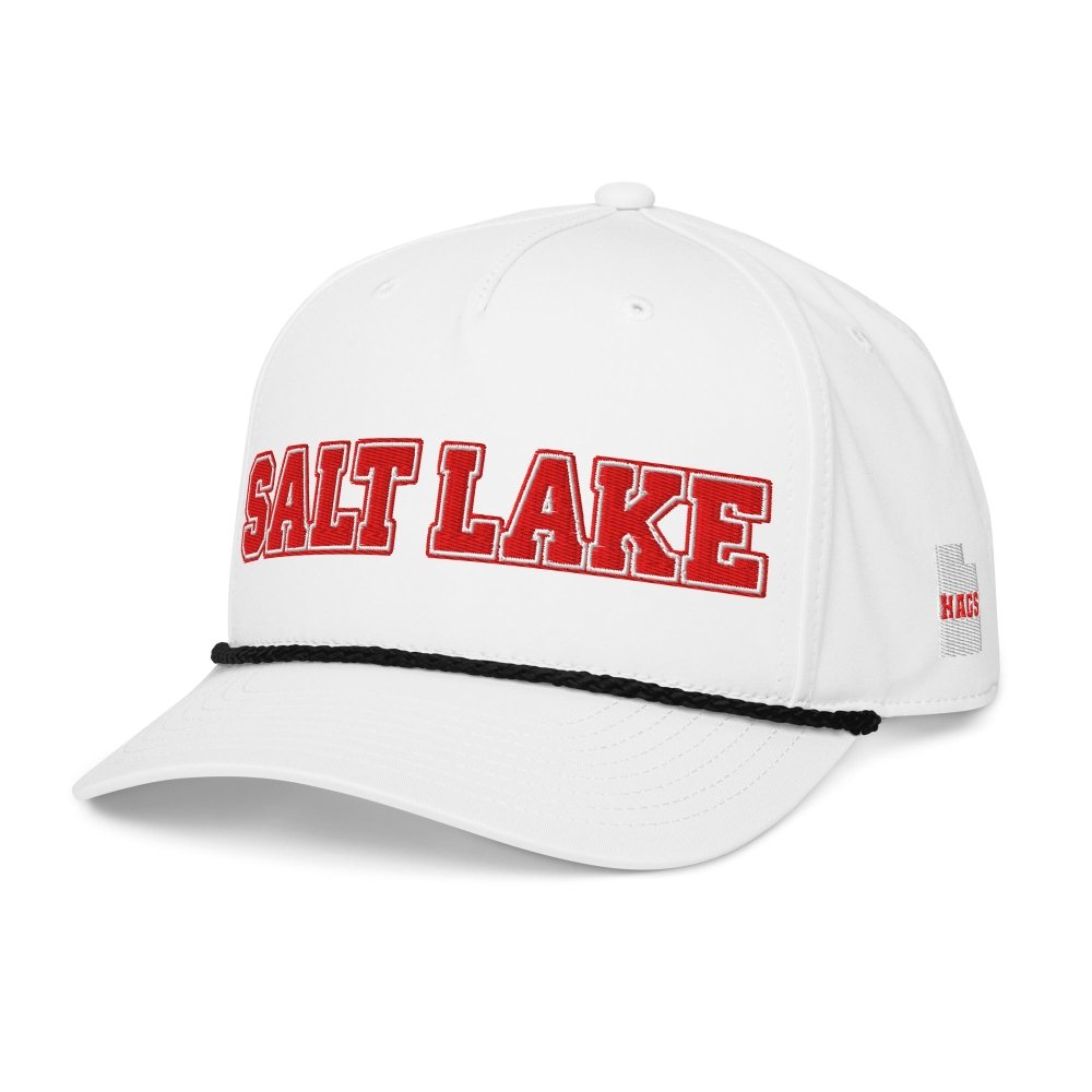 Angled front view of white HAGS Salt Lake City Utah rope hat, showing red SALT LAKE lettering and contrasting rope.