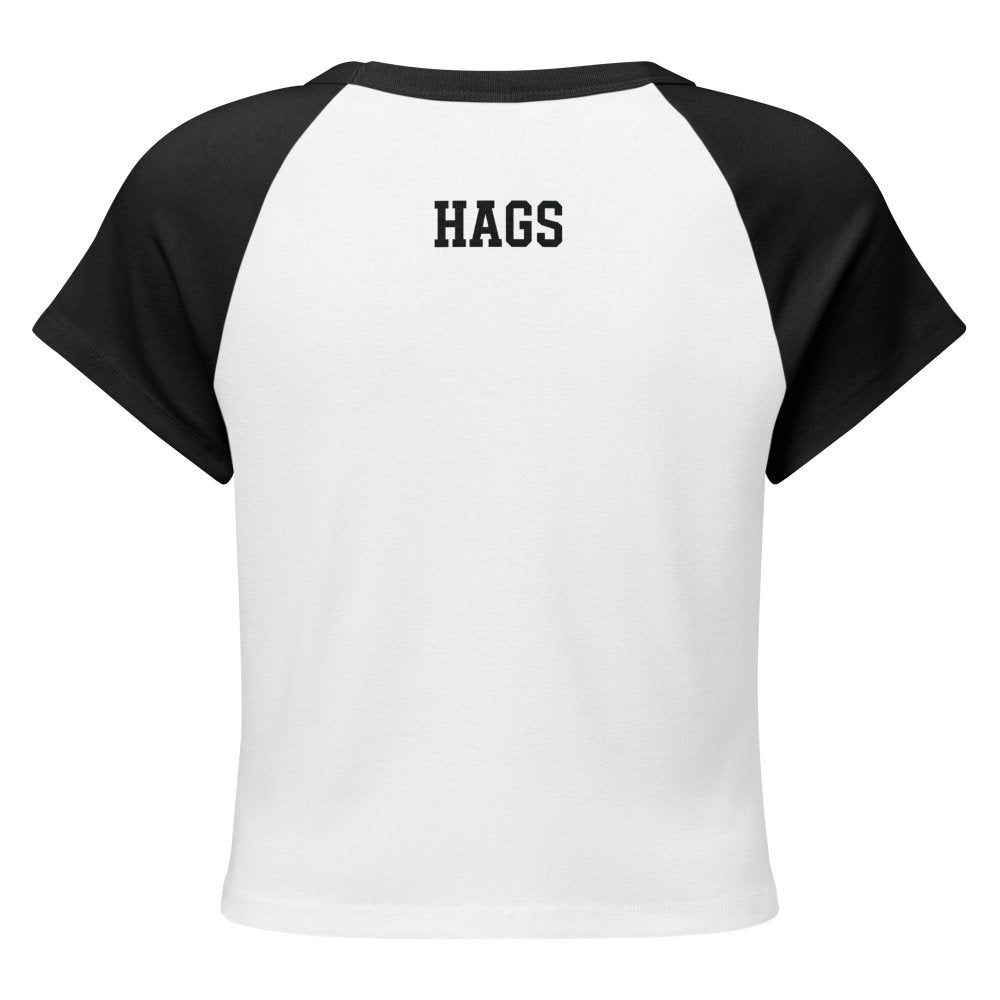 Back view of white and black HAGS Saturday polka dot raglan baby tee, showing small black HAGS lettering below the collar.