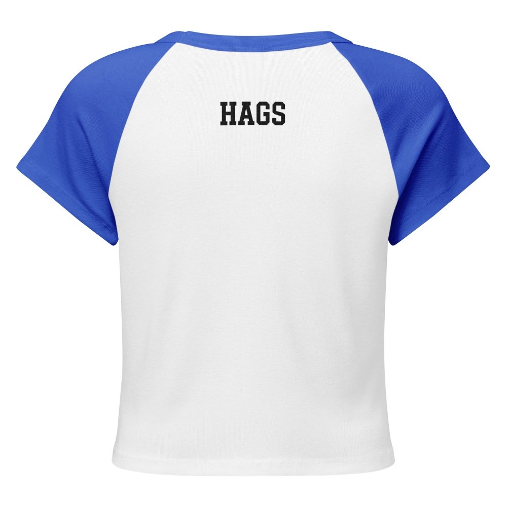 Back view of white and blue HAGS Saturday polka dot raglan baby tee, showing small black HAGS lettering below the collar.