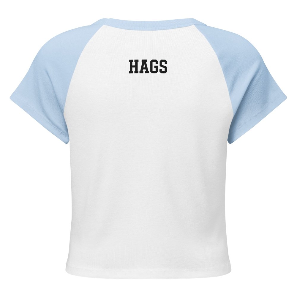 Back view of white and light blue HAGS Saturday polka dot raglan baby tee, showing small black HAGS lettering below the collar.