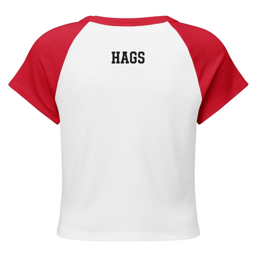 Back view of white and red HAGS Saturday polka dot raglan baby tee, showing small black HAGS lettering below the collar.