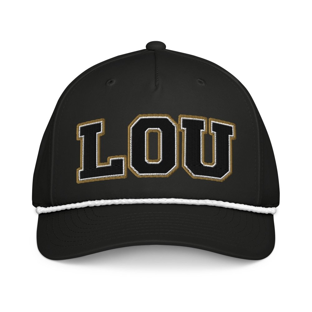 Front view of black HAGS St. Louis Missouri LOU rope hat, showing black and gold LOU lettering.
