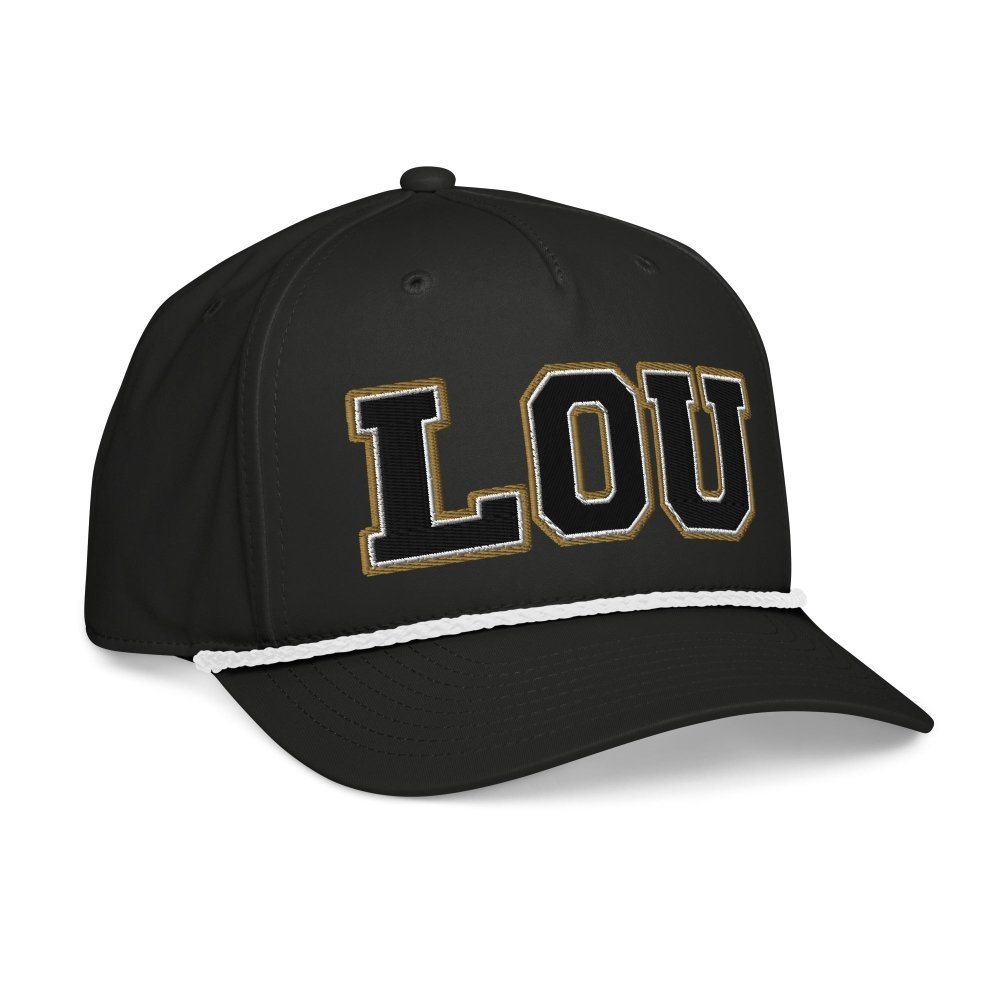 Opposite angled front view of black HAGS St. Louis Missouri LOU rope hat, showing black and gold LOU lettering.