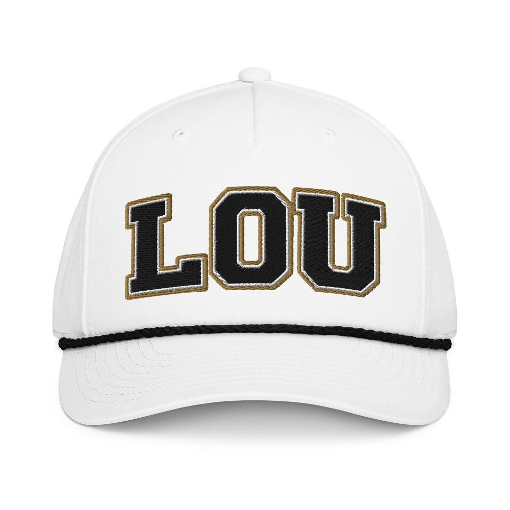 Front view of white HAGS St. Louis Missouri LOU rope hat, showing black and gold LOU lettering.