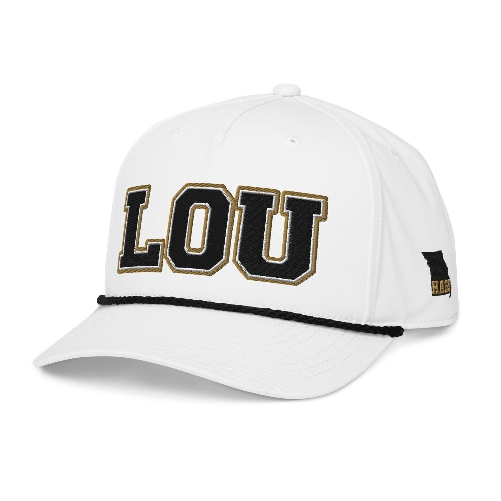 Angled front view of white HAGS St. Louis Missouri LOU rope hat, showing black and gold LOU lettering.