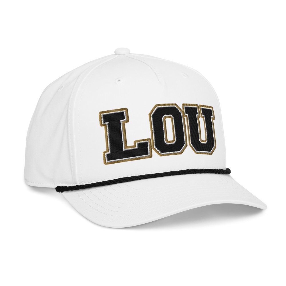 Opposite angled front view of white HAGS St. Louis Missouri LOU rope hat, showing black and gold LOU lettering.