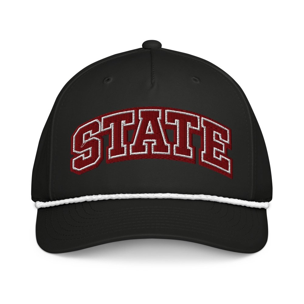 Front view of black HAGS State collegiate rope hat, showing maroon and white STATE lettering.
